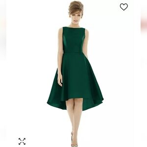 NWT ALFRED SUNG Bateau Neck Satin High-Low Cocktail Dress in Hunter Green